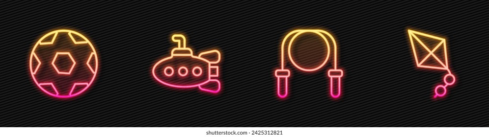 Set line Jump rope, Soccer football ball, Submarine toy and Kite. Glowing neon icon. Vector