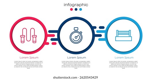 Set line Jump rope, Stopwatch and Boxing ring. Business infographic template. Vector