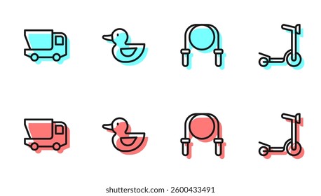 Set line Jump rope, Toy truck, Rubber duck and Roller scooter icon. Vector