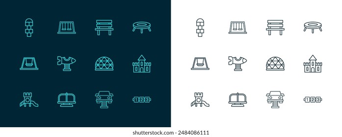 Set line Jumping trampoline, Attraction carousel, Playground climbing equipment, Swing, plane, Bench, Hopscotch and Swings for kids icon. Vector