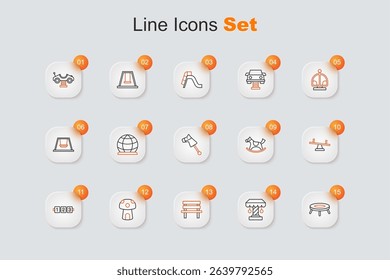 Set line Jumping trampoline, Attraction carousel, Bench, Mushroom house, Education logic game, Seesaw, Horse saddle swing and Toy horse icon. Vector