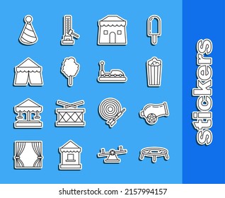 Set line Jumping trampoline, Cannon, Popcorn cardboard box, Circus tent, Cotton candy, Party hat and Bumper icon. Vector