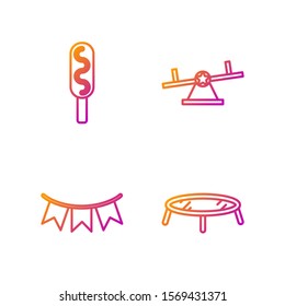 Set line Jumping trampoline, Carnival garland with flags, Corn dog and Seesaw. Gradient color icons. Vector