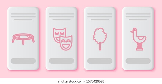 Set line Jumping trampoline, Comedy theatrical masks, Cotton candy and Riding kid duck. White rectangle button. Vector