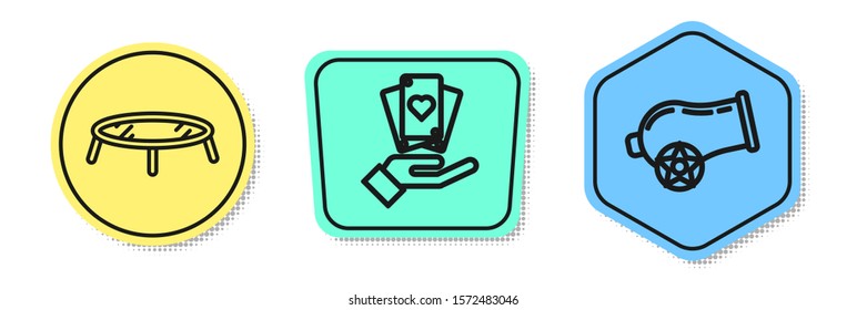 Set line Jumping trampoline, Hand holding playing cards and Cannon. Colored shapes. Vector
