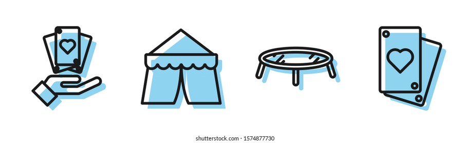 Set line Jumping trampoline, Hand holding playing cards, Circus tent and Playing card icon. Vector