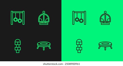 Set line Jumping trampoline, Hopscotch, Gymnastic rings and Attraction carousel icon. Vector