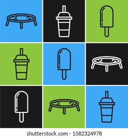 Set line Jumping trampoline, Ice cream and Paper glass with drinking straw and water icon. Vector