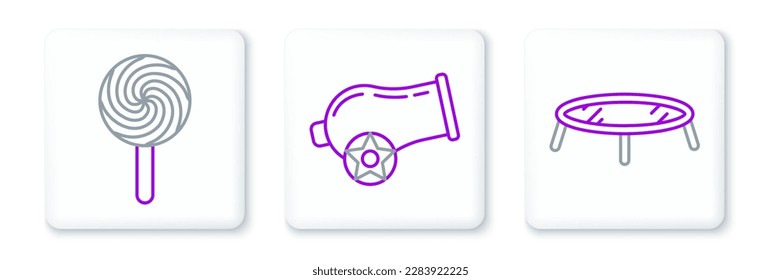 Fijar línea Salto trampoline, Lollipop e icono de cañón. Vector