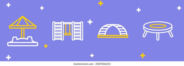 Set line Jumping trampoline, Monkey bar, Swedish wall and Sandbox with sand icon. Vector