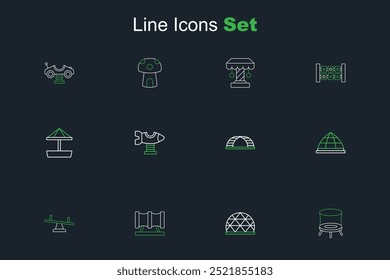 Set line Jumping trampoline, Playground climbing equipment, Kid playground slide pipe, Seesaw, Monkey bar, Swing plane and Sandbox with sand icon. Vector