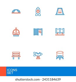 Set line Jumping trampoline, Swing plane, Bench, Kid playground slide pipe, Attraction carousel, Swedish wall, for kids and Rocket ship toy icon. Vector