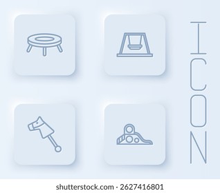 Set line Jumping trampoline, Swing for kids, Toy horse and Slide playground. White square button. Vector