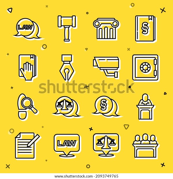 Set line
Jurors, Judge, Safe, Law pillar, Fountain pen nib, Oath on the Holy
Bible,  and Security camera icon.
Vector