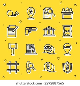 Fijar la línea de la ley de justicia en escudo, Lugar, Viejo reloj de arena, Magnificación de análisis de papel, Pistol o pistola, Documento y pluma, Cadena de bolas e icono del edificio de la corte. Vector