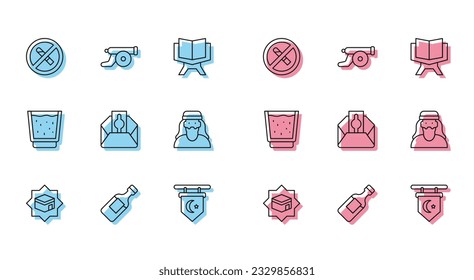 Set line Kaaba mosque, Bottle of water, No Smoking, Star and crescent, Donate or pay your zakat, Muslim man, Glass with and Ramadan cannon icon. Vector