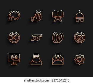 Set line Kaaba mosque, Muslim woman in niqab, Rosary beads religion, Donate or pay your zakat, Octagonal star, Ramadan cannon, No pig and Date fruit icon. Vector