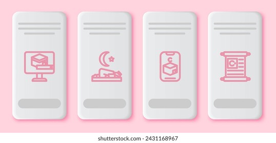 Set line Kaaba mosque, Muslim man prays, Star and crescent and Holy book of Koran. White rectangle button. Vector
