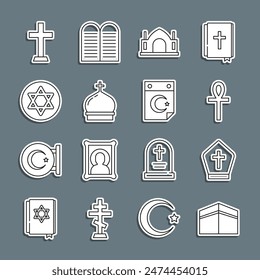 Set line Kaaba mosque, Pope hat, Cross ankh, Hindu spiritual temple, Church tower, Star of David, Christian cross and and crescent icon. Vector