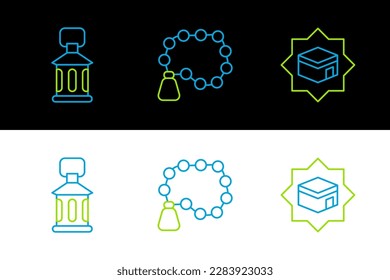 Set line Kaaba mosque, Ramadan Kareem lantern and Rosary beads religion icon. Vector