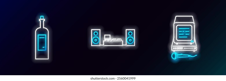 Set line Karaoke, Bottle of wine and Home stereo with two speakers icon. Glowing neon. Vector