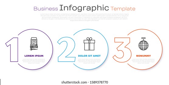 Set line Karaoke , Gift box  and Disco ball . Business infographic template. Vector