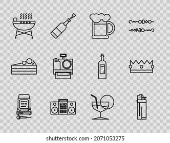 Set line Karaoke, Lighter, Wooden beer mug, Home stereo with two speakers, Barbecue grill, Photo camera, Martini glass and Crown icon. Vector