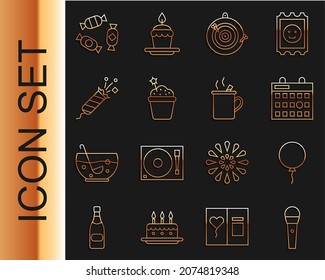 Set line Karaoke microphone, Balloon with ribbon, Birthday calendar, Classic dart board and arrow, Cake, Firework rocket, Candy and Mulled wine icon. Vector