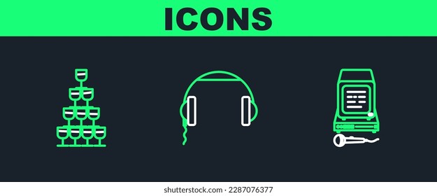 Set line Karaoke, Wine glasses stacked in pyramid tower and Headphones icon. Vector
