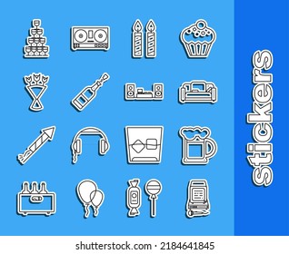 Set line Karaoke, Wooden beer mug, Sofa, Birthday cake candles, Champagne bottle, Bouquet flowers, Wine glasses stacked in pyramid tower and Home stereo with two speakers icon. Vector