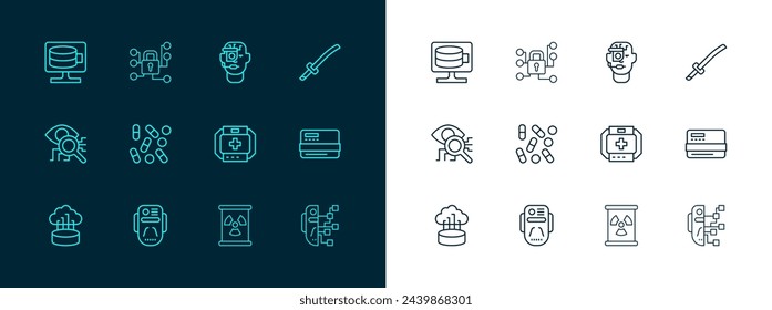 Set line Katana, Artificial intelligence robot, First aid kit, Radioactive waste barrel, Medical pill biohacking, Smart glasses on spectacles, Cloud database and Cyber security icon. Vector