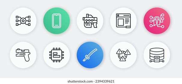 Fijar la línea Katana, Ciberseguridad, arma futurista, Tierra con signo de exclamación, ventana del navegador, base de datos en la nube e icono de CPU del procesador. Vector