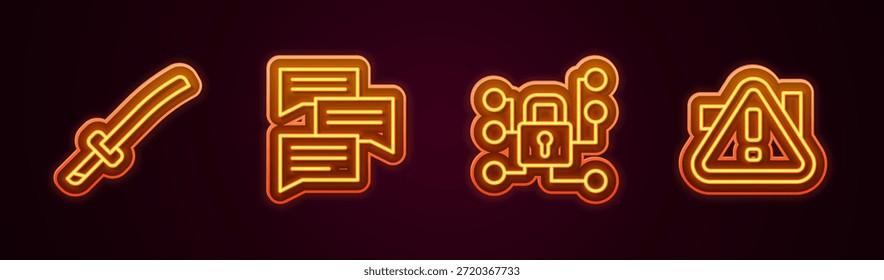 Setzen Sie die Linie Katana, Sprechblasen-Chat, Cyber-Sicherheit und Ausrufezeichen im Dreieck. Leuchtendes Neonsymbol. Vektorgrafik