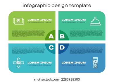 Set line Kayak or canoe, Airline ticket, Sunscreen cream tube and Hotel service bell. Business infographic template. Vector