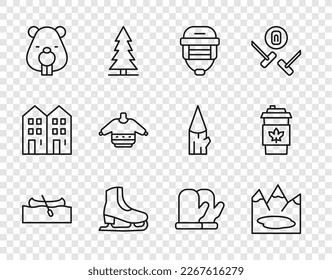 Set line Kayak or canoe, Canadian lake, Hockey helmet, Skates, Beaver animal, Christmas sweater, mitten and Coffee cup to go icon. Vector