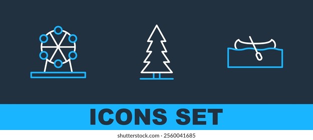 Set line Kayak or canoe, Ferris wheel and Canadian spruce icon. Vector