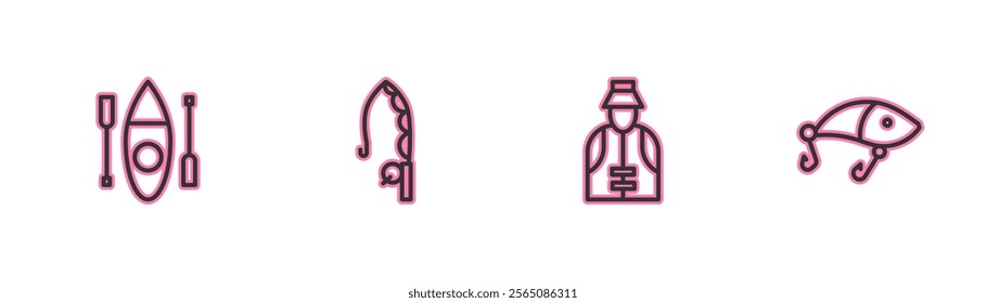 Set line Kayak or canoe, Fisherman, Fishing rod and lure icon. Vector