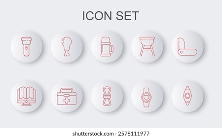 Set line Kayak or canoe, Location of the forest in monitor, Thermos container, Smart watch showing heart beat rate, Flashlight, Chicken leg, First aid kit and Climber rope icon. Vector