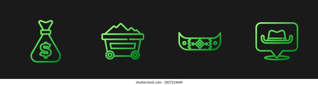 Set line Kayak or canoe and paddle, Money bag, Coal mine trolley and Location cowboy. Gradient color icons. Vector