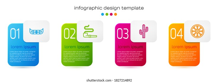 Set line Kayak or canoe and paddle, Smoking pipe, Cactus and Old wooden wheel. Business infographic template. Vector