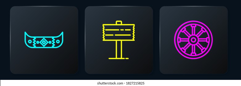 Set line Kayak or canoe and paddle, Old wooden wheel and Road traffic signpost. Black square button. Vector