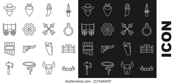 Set line Kayak or canoe and paddle, Saloon door, Canteen water bottle, Tooth, Revolver cylinder, Wild west covered wagon, Cowboy and Crossed arrows icon. Vector