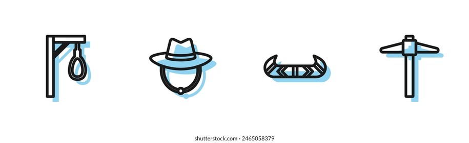 Set line Kayak or canoe and paddle, Gallows, Western cowboy hat and Pickaxe icon. Vector