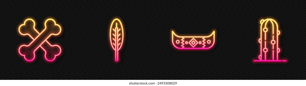 Kayak o canoa y paddle, Huesos humanos cruzados, Plumas indias y Cactus. Icono de neón brillante. Vector