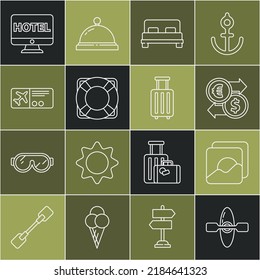 Set line Kayak or canoe, Photo, Money exchange, Big bed, Lifebuoy, Airline ticket, Online hotel booking and Suitcase icon. Vector