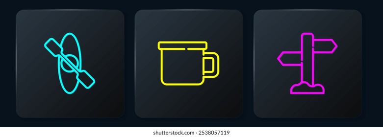 Set line Kayak or canoe, Road traffic signpost and Camping metal mug. Black square button. Vector