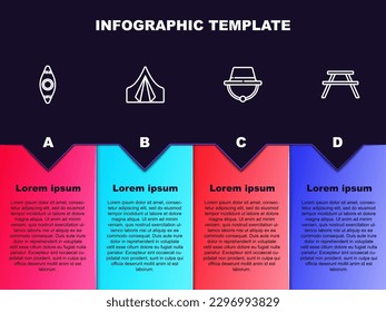 Set line Kayak or canoe, Tourist tent, Camping hat and Picnic table with benches. Business infographic template. Vector