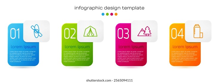 Set line Kayak or canoe, Tourist tent, Mountains with tree and Thermos container. Business infographic template. Vector