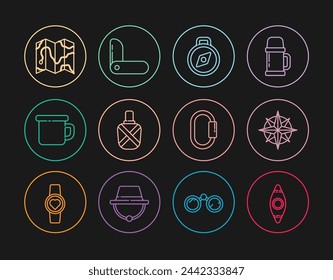 Set line Kayak or canoe, Wind rose, Compass, Canteen water bottle, Camping metal mug, Location of the forest on map, Carabiner and Swiss army knife icon. Vector