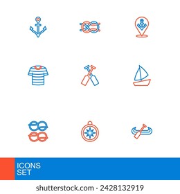 Set line Kayak and paddle, Compass, Nautical rope knots, Yacht sailboat, Striped sailor t-shirt, Crossed oars paddles, Location with anchor and  icon. Vector